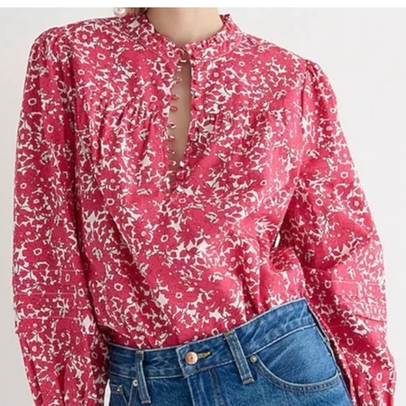 NWT Button-front ruffleneck popover in blushing meadow cotton poplin size large - Picture 1 of 8